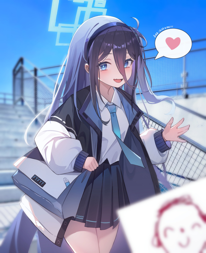 absurdres, aris_(blue_archive), bag, black_hair, blue_archive, blue_eyes, blue_necktie, commentary