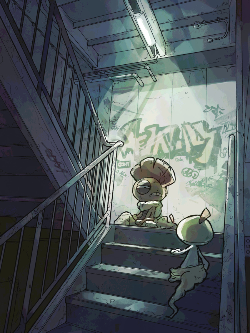 black_eyes, clenched_teeth, commentary, evolutionary_line, graffiti, half-closed_eyes, highres, indoors