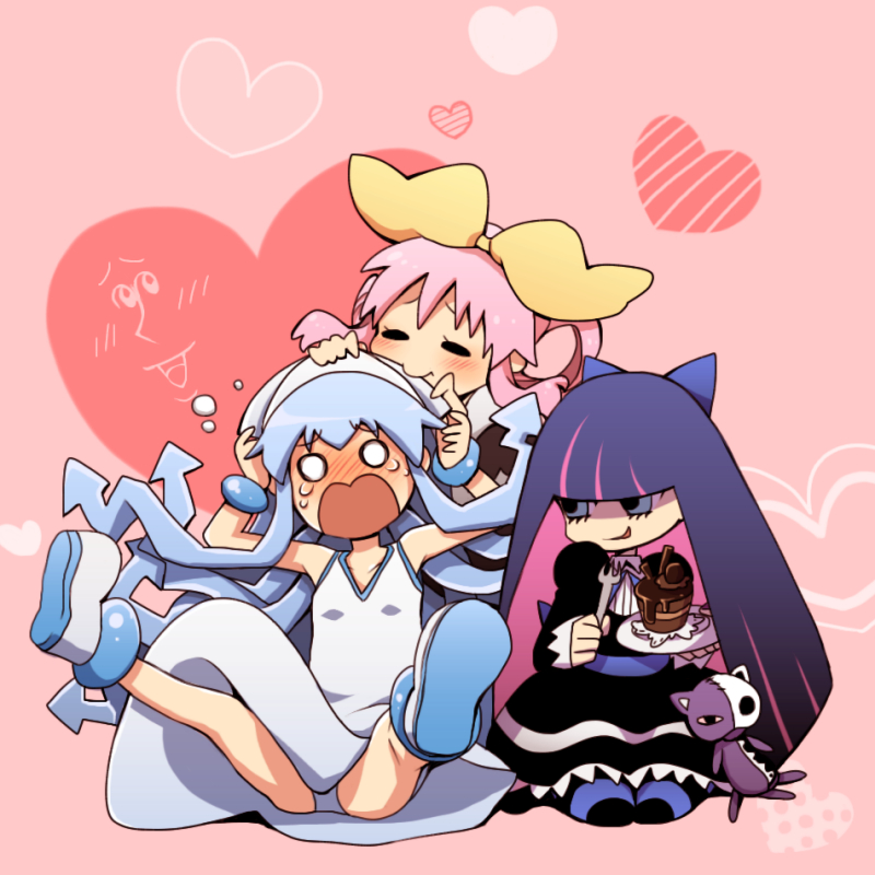 bad_id, bangs, biting, blue_hair, blunt_bangs, blush, bow, bracelet