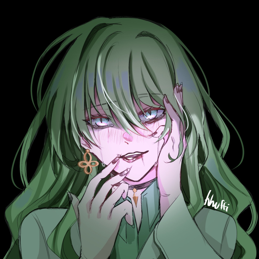 1girl, artist_name, black_background, black_choker, black_nails, choker, coat, crying, earrings, green_hair, green_shirt, highres, honkai_(series), honkai_impact_3rd, jewelry, khuffi, lab_coat, long_hair, mobius_(honkai_impact), open_mouth, ouroboros, portrait, shirt, slit_pupils, solo, streaming_tears, tears, teeth, white_coat