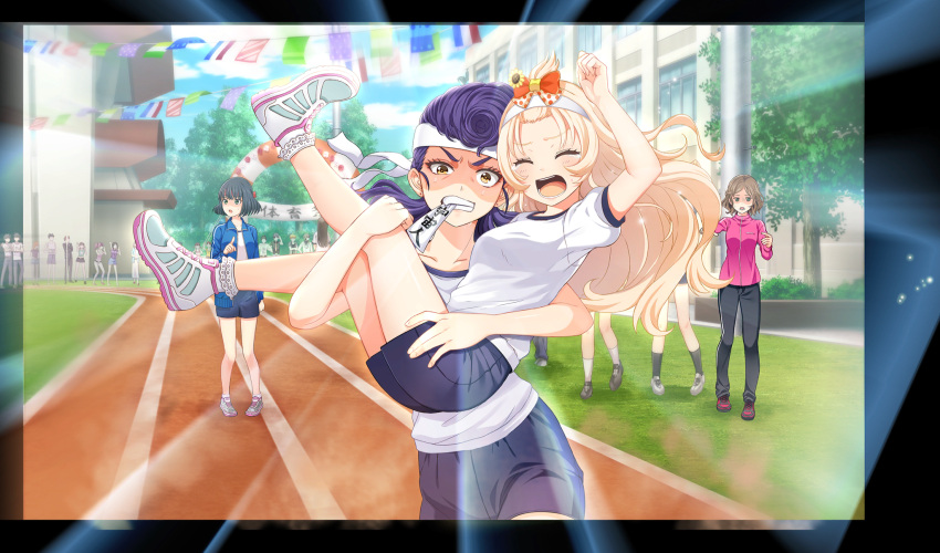 aisaka_koko, black_border, black_hair, black_pants, black_shorts, black_socks, blonde_hair, blue_jacket