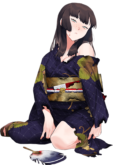 1girl, brown_hair, floral_print, freckles, full_body, green_eyes, japanese_clothes, kantai_collection, kimono, long_sleeves, looking_at_viewer, medium_hair, mogador_(kancolle), mogador_kai_(kancolle), mogador_kai_(yukata_mode)_(kancolle), obi, official_alternate_costume, official_art, purple_kimono, sash, sitting, solo, torn_clothes, torn_kimono, transparent_background, two-tone_kimono, umihara_sakana, wariza, white_kimono, yukata