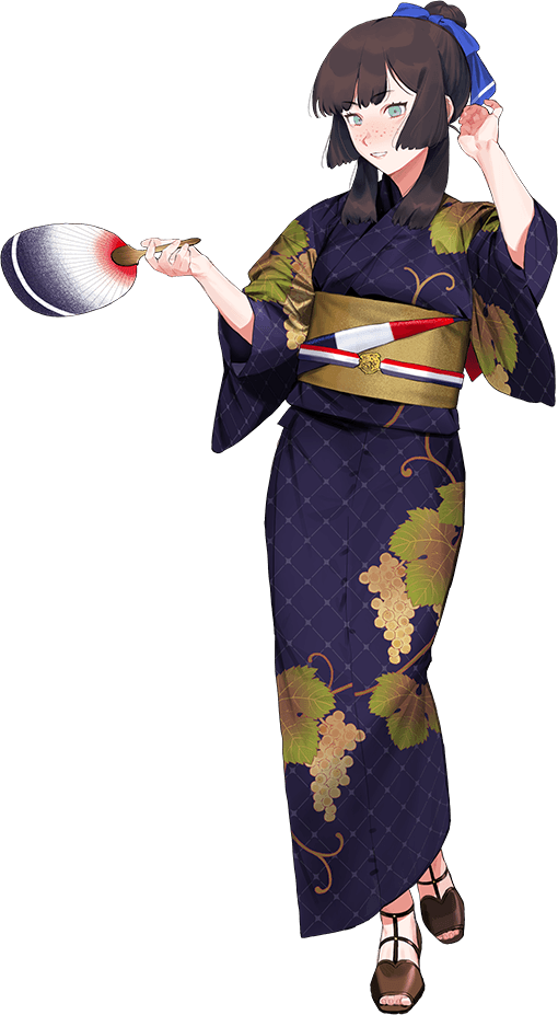 1girl, blue_ribbon, brown_hair, floral_print, freckles, full_body, green_eyes, hand_fan