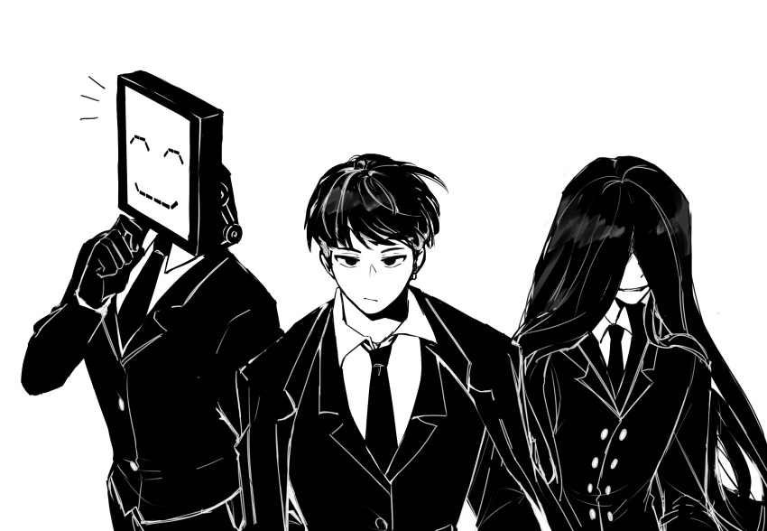 1girl, 2boys, ^_^, asymmetrical_hair, bada_(project_moon), buttons, closed_eyes, closed_mouth
