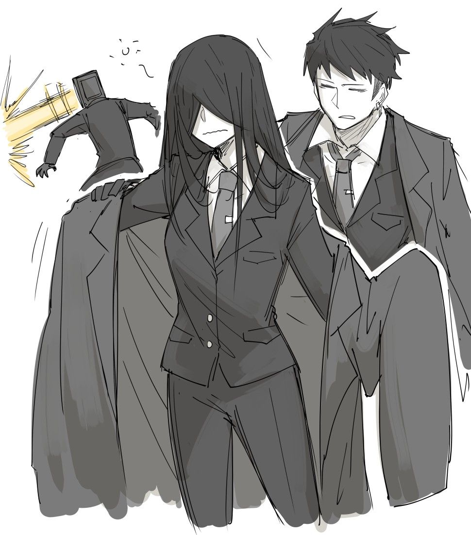 1girl, 2boys, android, asymmetrical_hair, bad_link, bada_(project_moon), black_gloves, black_hair