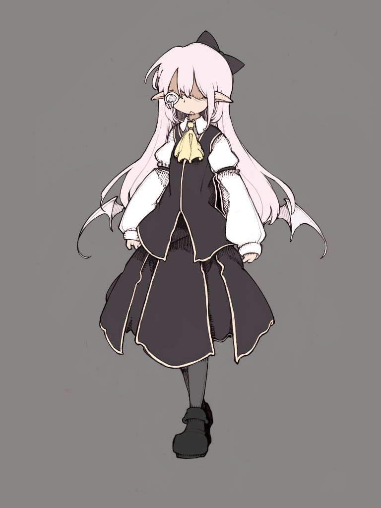 1girl, ascot, black_bow, black_footwear, black_garter, black_skirt, black_vest, bolos, boots, bow, character_request, closed_eyes, collared_shirt, commentary, demon_wings, dot_nose, english_commentary, full_body, grey_background, grey_pantyhose, hair_bow, juliet_sleeves, long_hair, long_sleeves, medium_skirt, monocle, mystic_square, open_mouth, pantyhose, pink_hair, pleated_skirt, pointy_ears, puffy_sleeves, round_eyewear, shirt, simple_background, skirt, sleeve_garter, sleeves_past_wrists, solo, standing, tachi-e, touhou, touhou_(pc-98), very_long_hair, vest, white-framed_eyewear, white_shirt, white_wings, wings, yellow_ascot