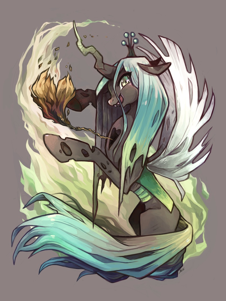 animal_focus, commentary, crown, english_commentary, fangs, green_hair, grey_background, heart, horns, horse, insect_wings, long_hair, mi-eau, my_little_pony, my_little_pony:_friendship_is_magic, no_humans, open_mouth, queen_chrysalis, simple_background, single_horn, smile, solo, tail, winged_unicorn, wings