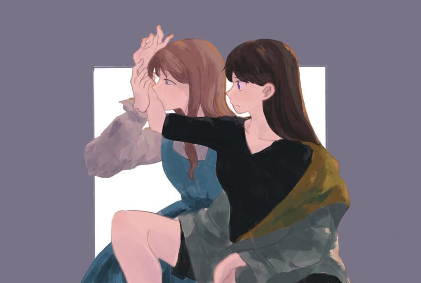2girls, bang_dream!, bang_dream!_it's_mygo!!!!!, black_shirt, black_shorts, blue_dress, blue_eyes, brown_hair