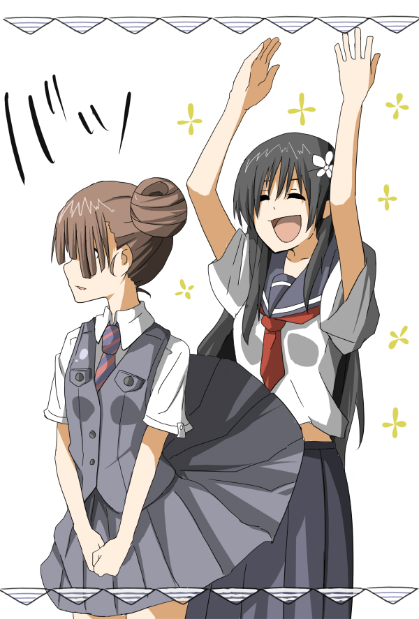 black_hair, brown_hair, closed_eyes, eyes_closed, flower, hair_bun, hair_flower, hair_ornament, hair_over_eyes, hyaku_(6974), juufuku_miho, necktie, saten_ruiko, school_uniform, serafuku, skirt, skirt_flip, to_aru_kagaku_no_railgun, to_aru_majutsu_no_index