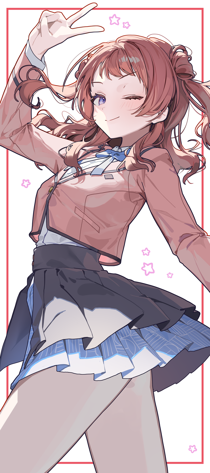 1girl, arm_up, black_skirt, blue_eyes, blue_ribbon, blue_skirt, blush, closed_mouth, commentary_request, cropped_jacket, gakuen_idolmaster, hair_rings, hanami_saki, hatsuboshi_gakuen_school_uniform, highres, idolmaster, jacket, layered_skirt, long_sleeves, looking_at_viewer, medium_hair, neck_ribbon, ningen_mame, one_eye_closed, pink_jacket, redhead, ribbon, school_uniform, shirt, simple_background, skirt, smile, solo, thighs, two_side_up, white_background, white_shirt