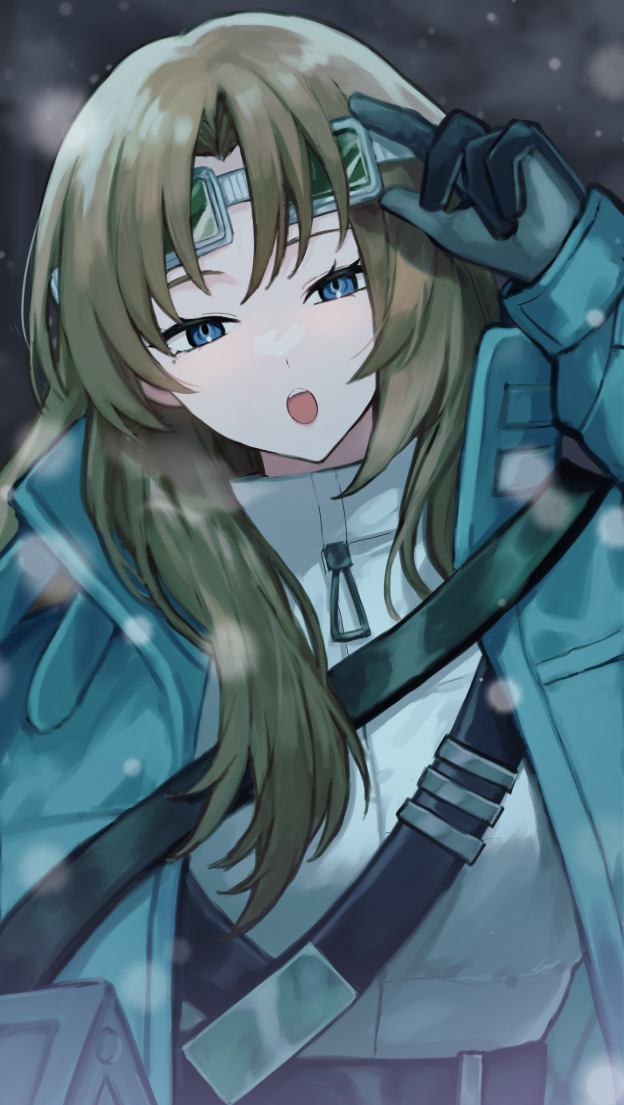 1girl, belt, black_belt, black_gloves, blue_eyes, brown_hair, coat, devyat_association_(identity)_(project_moon)