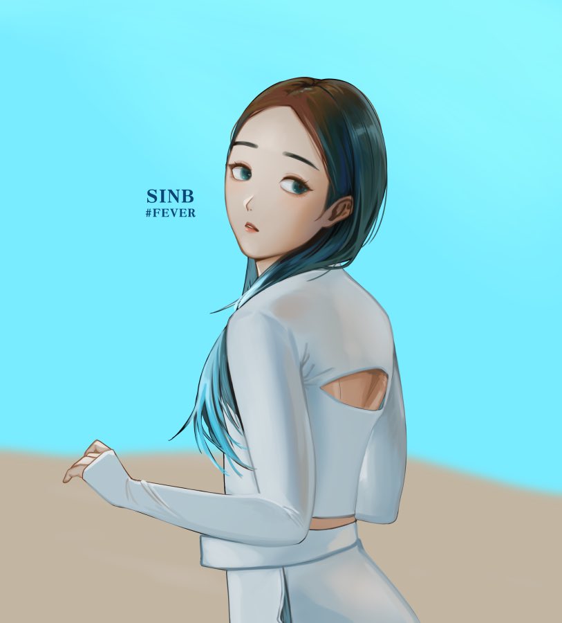 1girl, adirosa, artist_name_(singer), back, blue_hair, blue_sky, brown_hair, commentary