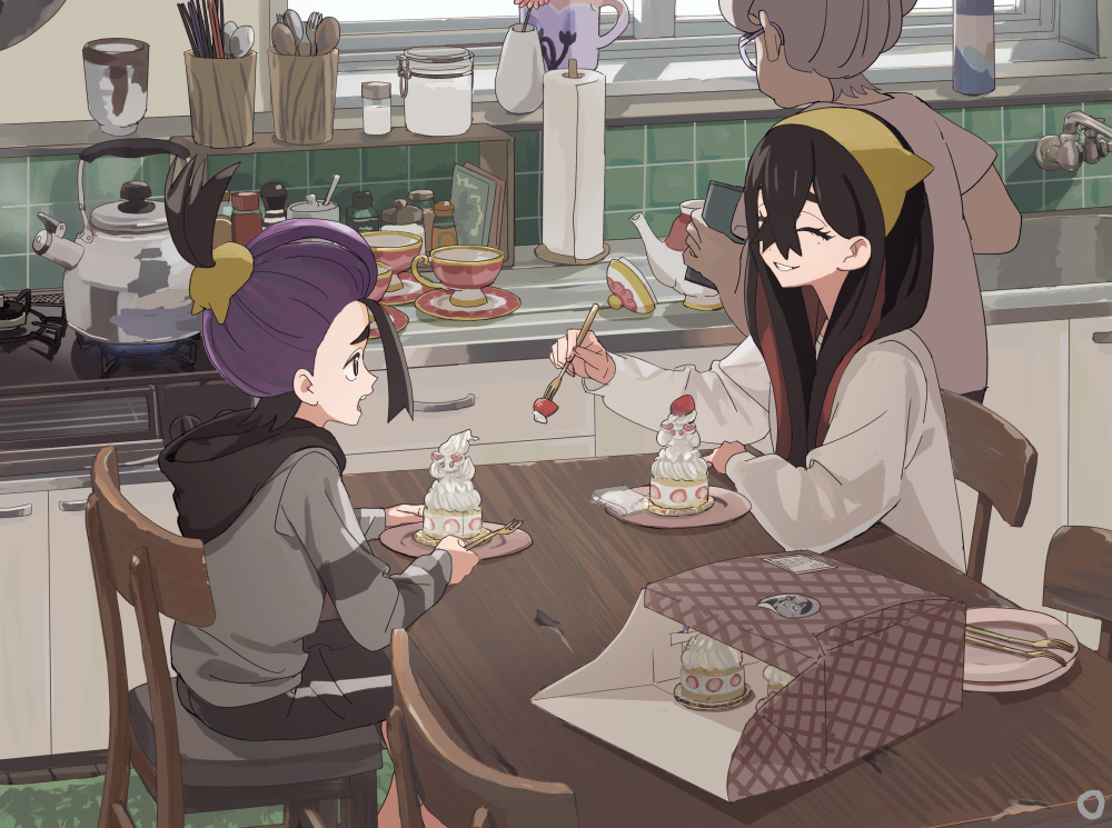 1boy, 2girls, alcremie, alternate_costume, bag, black_hair, carmine_(pokemon), chair