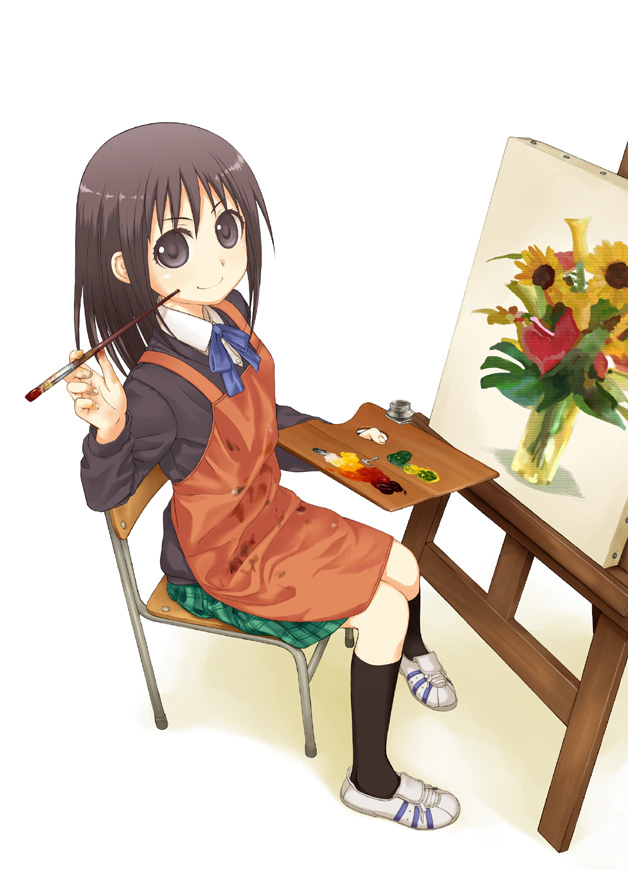 awara_chikako, chair, easel, flower, ga_geijutsuka_art_design_class, glass, paint, paintbrush