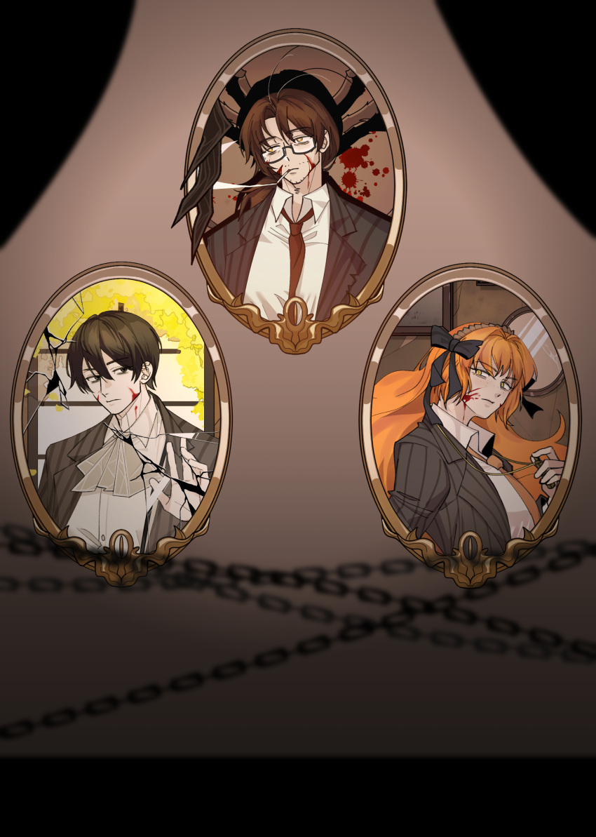 1girl, 2boys, absurdres, ascot, black_bow, black_coat, black_eyes, black_hair, blood, blood_on_face, bow, brown_hair, bygone_days_(e.g.o), cigarette, coat, collared_shirt, e.g.o_(project_moon), glasses, gregor_(project_moon), grey_ascot, hair_bow, highres, ishmael_(project_moon), lapels, limbus_company, long_hair, low_ponytail, multiple_boys, nanrongmian, necktie, notched_lapels, orange_hair, parted_lips, picture_frame, project_moon, red_necktie, shirt, sidelocks, smoke, smoking, very_long_hair, white_shirt, yellow_eyes, yi_sang_(project_moon)