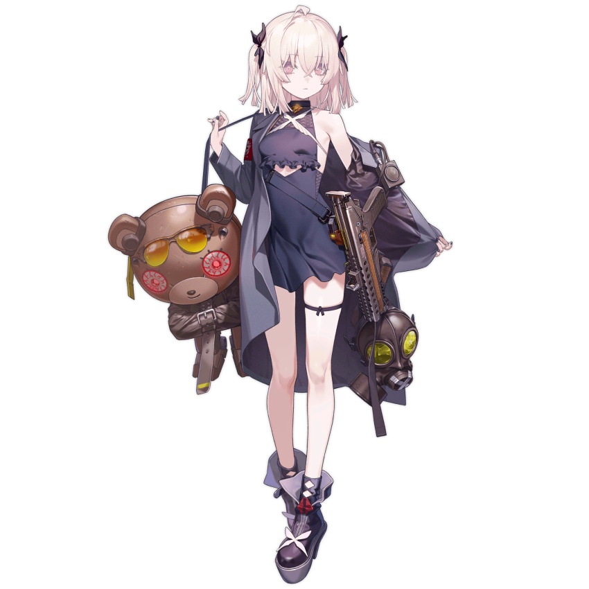 1girl, black_nails, breasts, closed_mouth, dress, full_body, gas_mask, girls_frontline