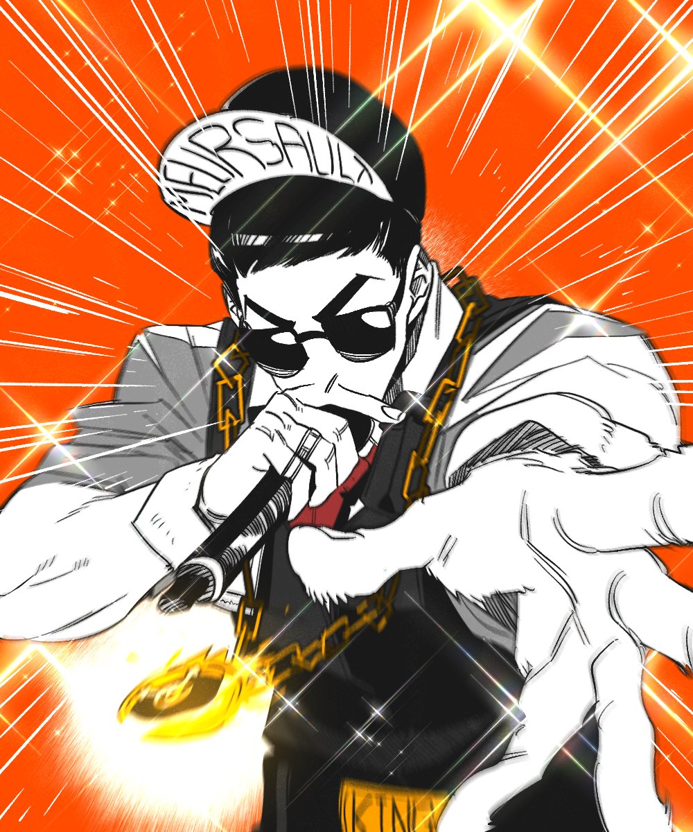 black_hair, black_pants, black_vest, chain, chain_necklace, character_charm, charm_(object), clear_cut_7