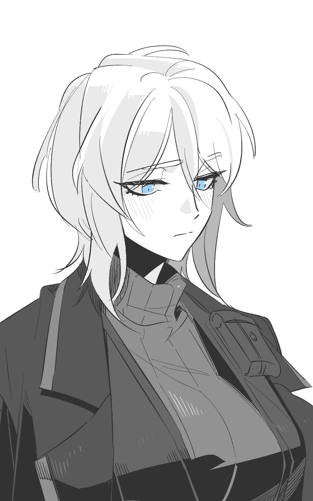 1girl, blue_eyes, blush, breasts, clear_cut_7, coat, coat_on_shoulders, expressionless