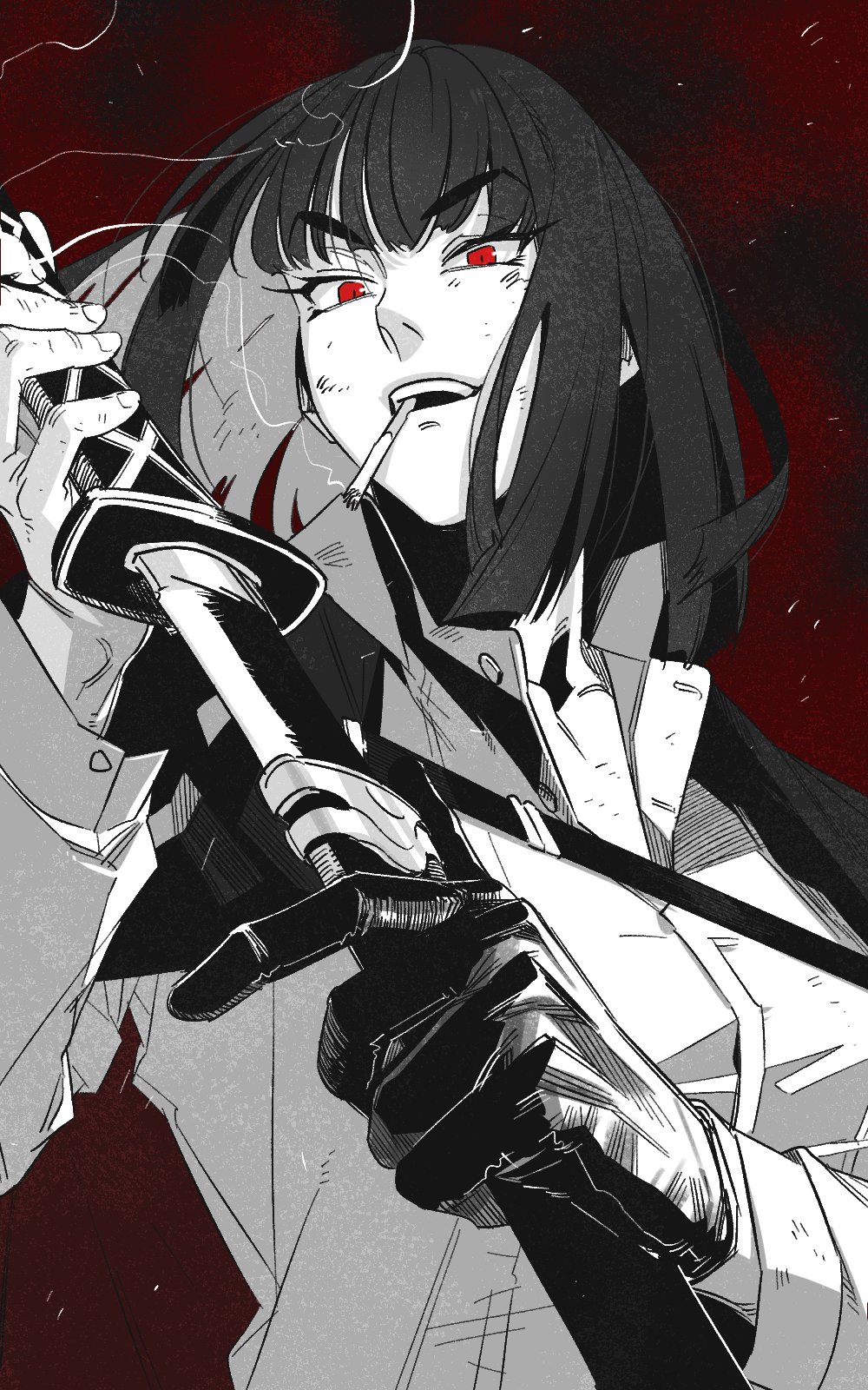 1girl, bob_cut, cigarette, clear_cut_7, coat, coat_on_shoulders, collared_shirt, gloves