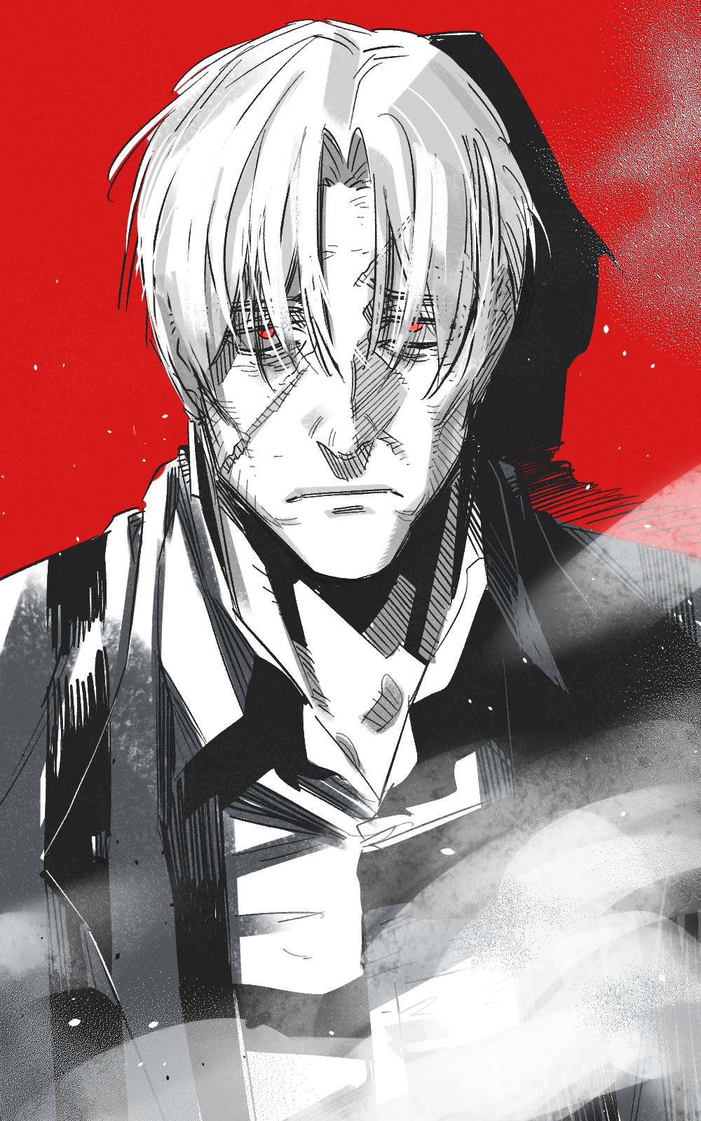 1boy, clear_cut_7, collared_shirt, greyscale_with_colored_background, highres, jacket, lapels, limbus_company