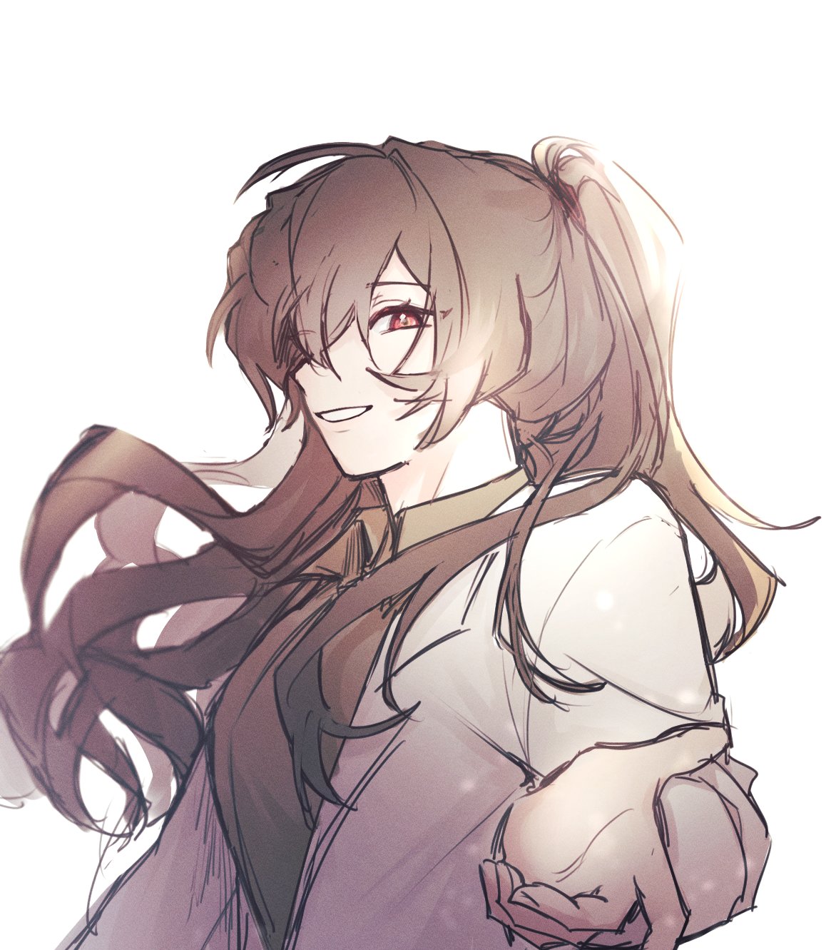 1girl, brown_hair, brown_shirt, carmen_(project_moon), coat, collared_shirt, game_25_lol, highres, lab_coat, lapels, lobotomy_corporation, long_hair, looking_at_viewer, notched_lapels, open_mouth, ponytail, project_moon, reaching, reaching_towards_viewer, red_eyes, shirt, simple_background, smile, solo, very_long_hair, white_background, white_coat