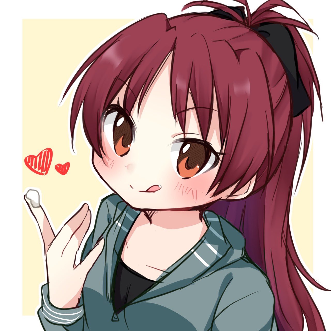 1girl, blush, border, bow, brown_eyes, commentary_request, cream, hair_bow