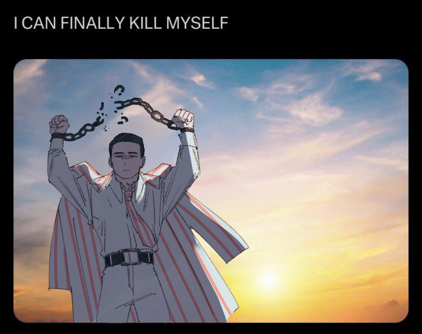 1boy, arms_up, belt, black_belt, black_eyes, black_hair, broken, broken_chain