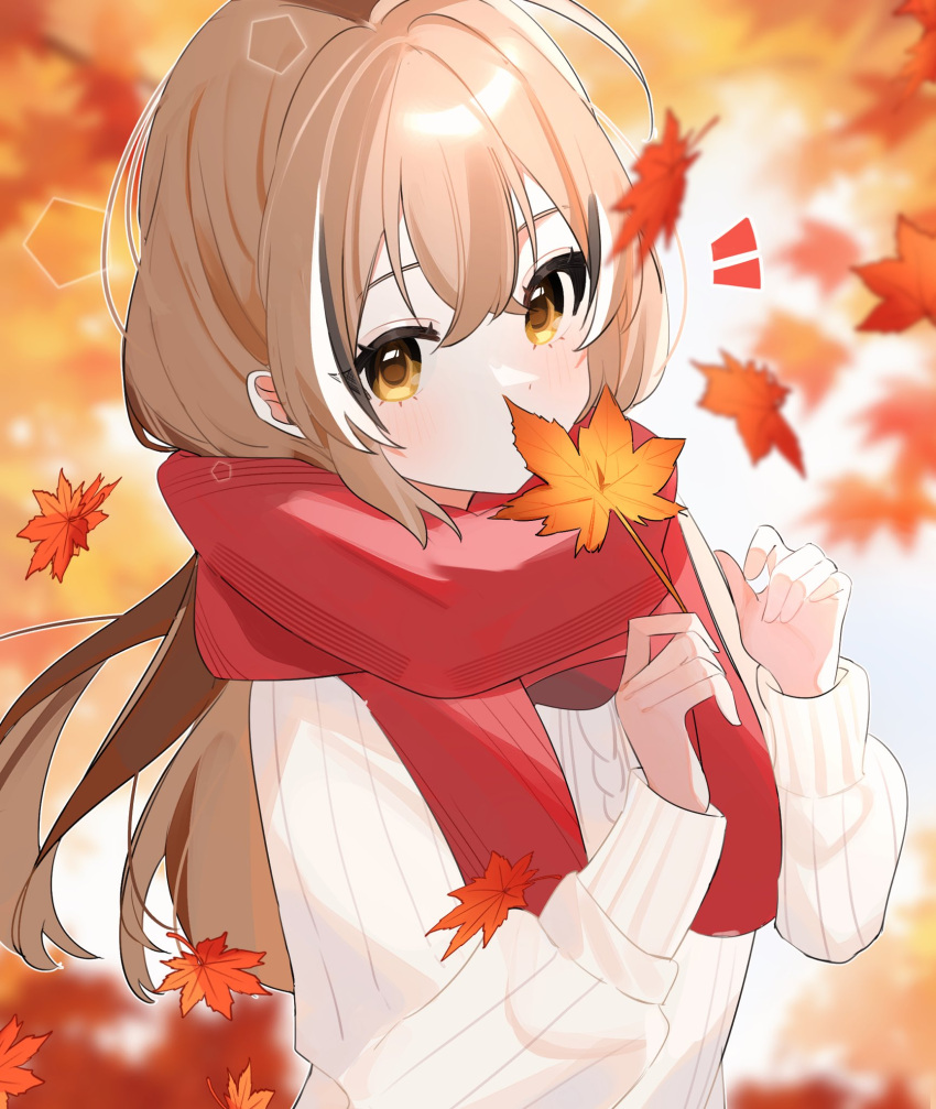 1girl, ahoge, autumn_leaves, blurry, blurry_background, brown_eyes, brown_hair, covering_own_mouth