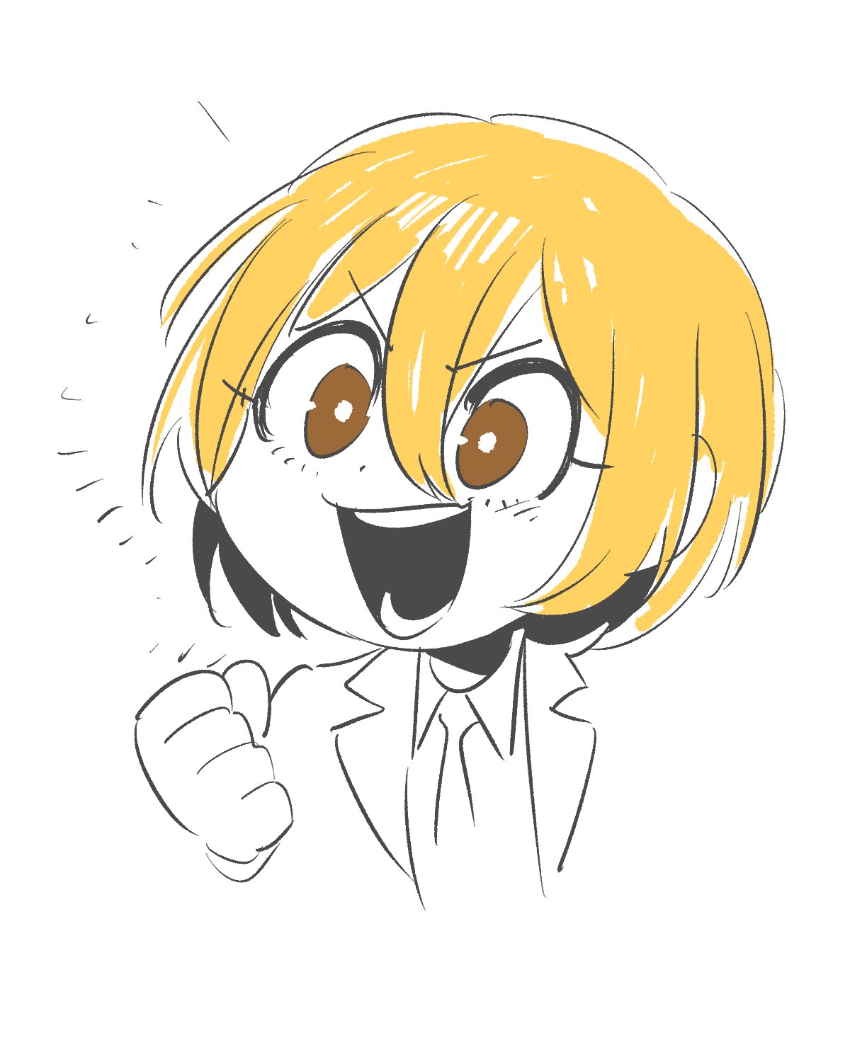 1girl, blonde_hair, clear_cut_7, clenched_teeth, collared_shirt, don_quixote_(project_moon), hand_up, highres