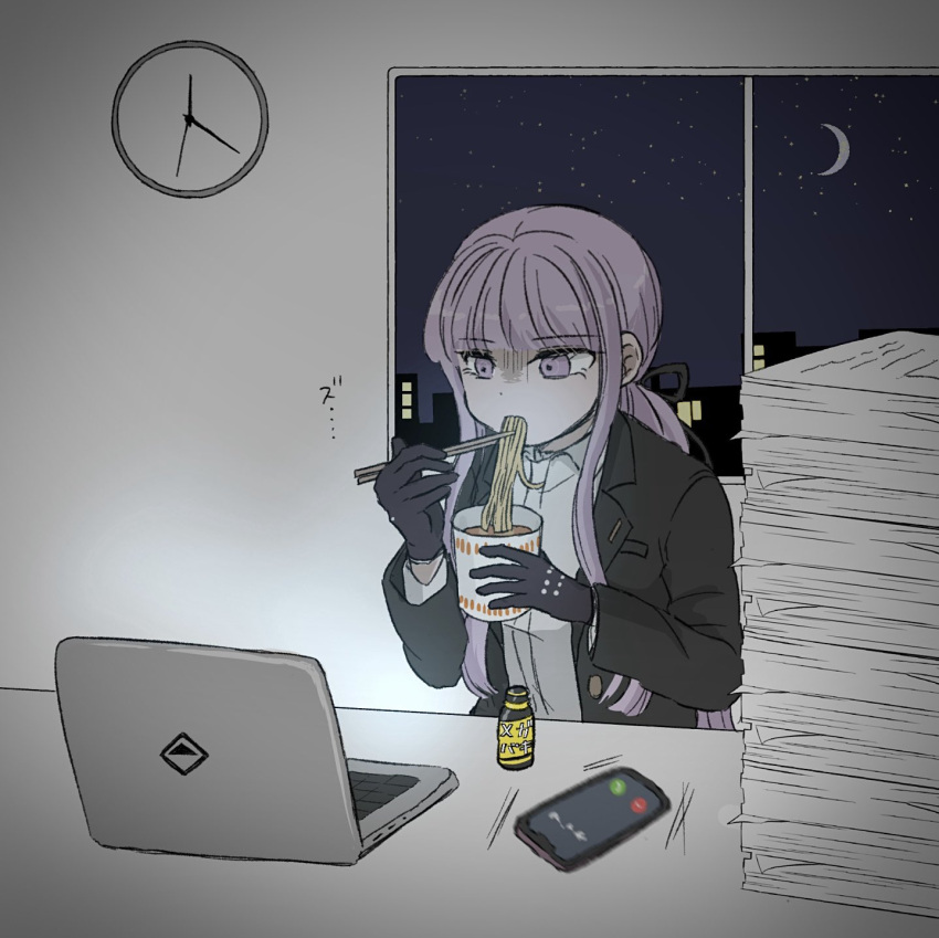 1girl, black_gloves, black_jacket, black_ribbon, collared_shirt, computer, danganronpa_(series), danganronpa_3_(anime), eating, food, gloves, hair_ribbon, highres, indoors, jacket, kirigiri_kyoko, laptop, long_sleeves, miriiin_dr, night, night_sky, no_necktie, noodles, open_clothes, open_jacket, paper, paper_stack, phone, pink_eyes, ponytail, ramen, ribbon, shirt, sky, translation_request, window