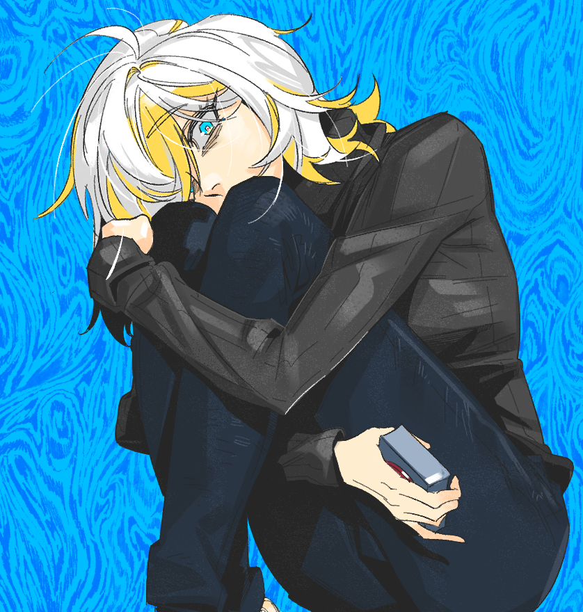 1girl, abstract_background, blonde_hair, blue_eyes, blue_pants, brown_sweater, clear_cut_7, controller