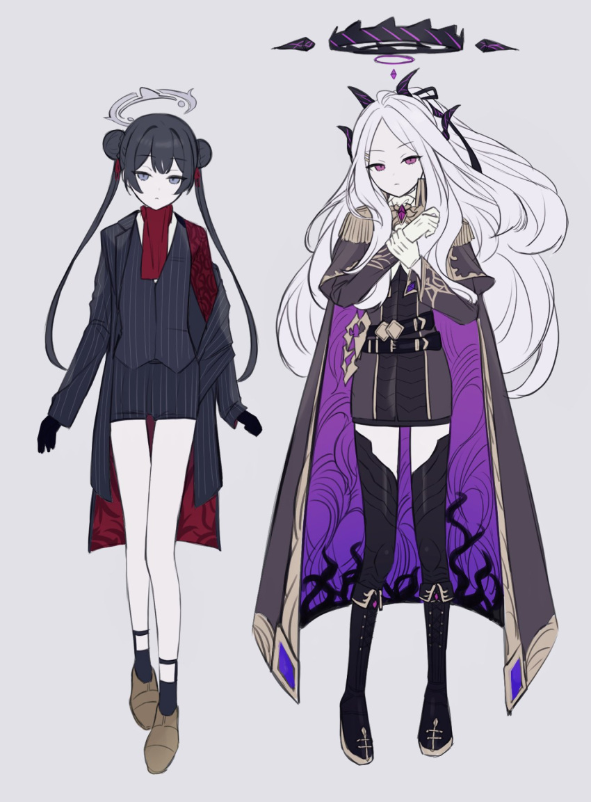 2girls, adjusting_clothes, adjusting_gloves, antonio_salieri_(fate), antonio_salieri_(fate)_(cosplay), antonio_salieri_(second_ascension)_(fate), antonio_salieri_(second_ascension)_(fate)_(cosplay), ascot, belt, black_belt, black_footwear, black_gloves, black_hair, black_jacket, black_ribbon, black_shorts, black_socks, black_vest, blue_archive, blue_eyes, boots, brown_footwear, cape, cosplay, double_bun, dress, epaulettes, expressionless, fate/grand_order, fate_(series), full_body, gloves, grey_background, grey_cape, grey_dress, hair_bun, hair_ribbon, halo, highres, hina_(blue_archive), horns, jacket, kisaki_(blue_archive), legwear_garter, multiple_girls, open_clothes, open_jacket, pinstripe_jacket, pinstripe_pattern, pinstripe_shorts, pinstripe_vest, ponytail, red_ascot, red_ribbon, red_sleeves, ribbon, shorts, simple_background, socks, standing, sumi_(gfgf_045), the_count_of_monte_cristo_(fate), the_count_of_monte_cristo_(fate)_(cosplay), twintails, two-sided_cape, two-sided_fabric, two-sided_jacket, vest, violet_eyes, white_gloves, white_hair