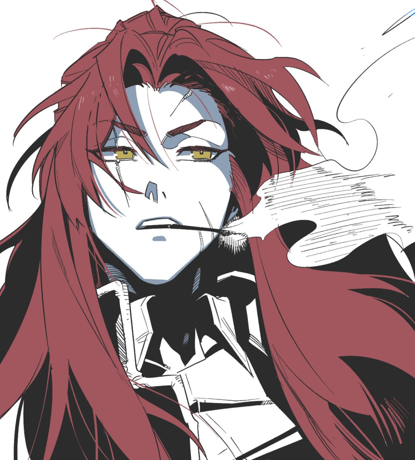 1girl, cigarette, clear_cut_7, collared_coat, collared_shirt, gebura_(project_moon), highres, lobotomy_corporation, long_hair, open_mouth, parted_bangs, project_moon, redhead, shirt, sidelocks, simple_background, smoke, smoking, solo, upper_body, very_long_hair, white_background