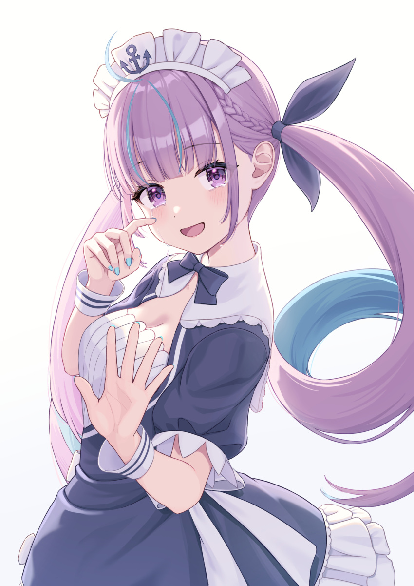 1girl, ahoge, anchor_symbol, blue_nails, blush, bow, braid, highres