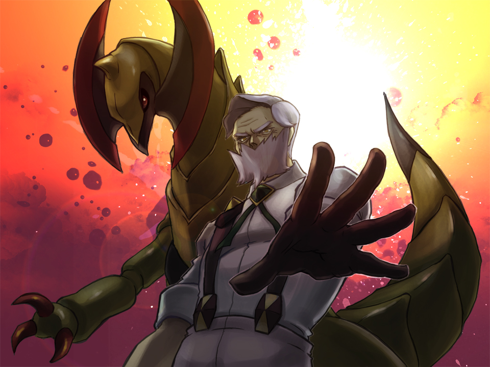 facial_hair, gloves, gym_leader, haxorus, ononokus, pokemon, pokemon_(game), pokemon_black_and_white, pokemon_bw, shaga_(pokemon), white_hair, yellow_eyes, yori_(pixiv257595)