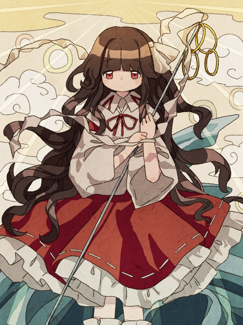1girl, black_hair, blunt_bangs, blush_stickers, bobby_socks, clouds, cloudy_sky, commentary_request