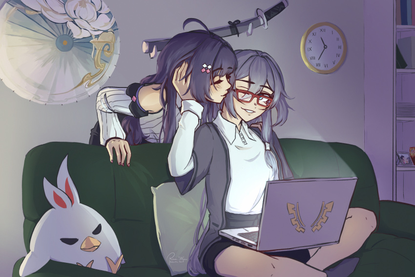 2girls, bare_shoulders, blue_eyes, clock, closed_eyes, collared_shirt, computer, couch