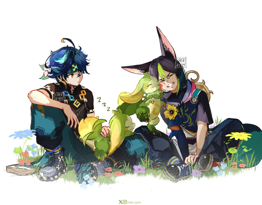 2boys, ^_^, animal_ear_fluff, animal_ears, aqua_hair, aqua_headband, aqua_pants, aqua_ribbon