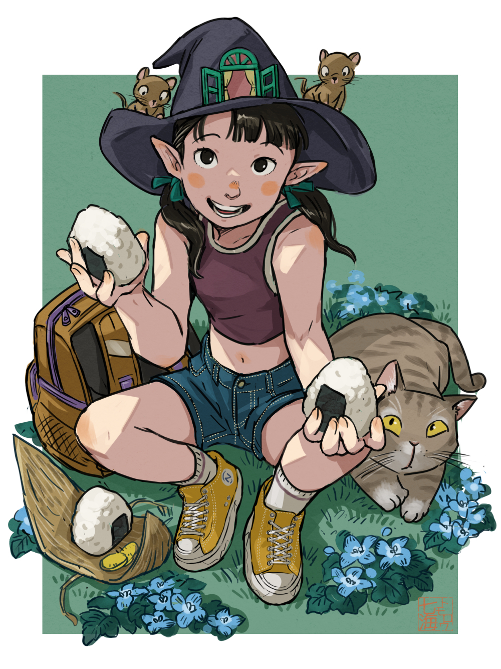 1girl, animal, artist_logo, backpack, bag, bare_shoulders, black_eyes, black_hair