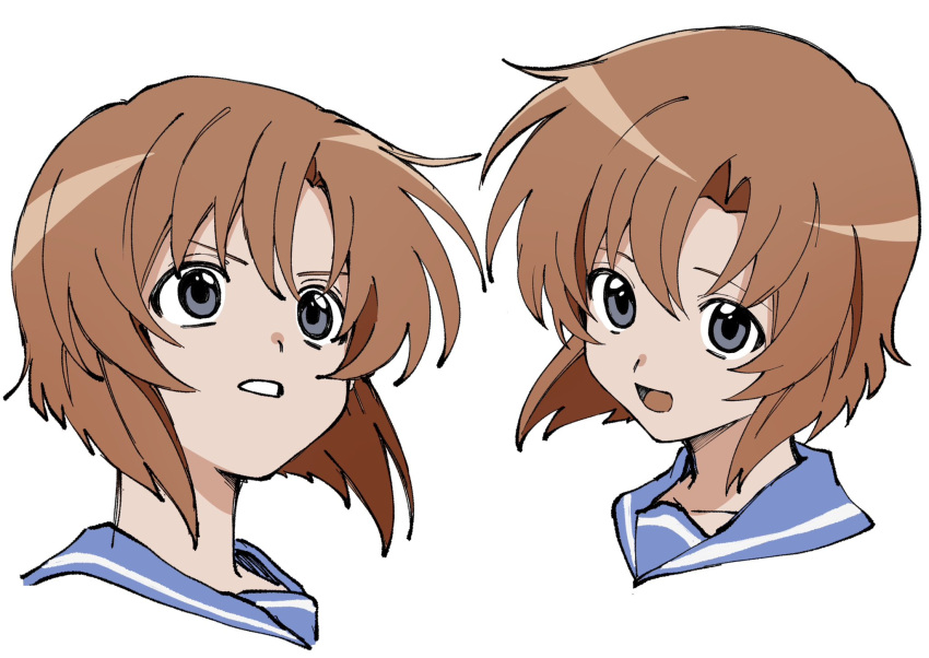 1girl, brown_hair, clenched_teeth, cropped_shoulders, grey_eyes, highres, higurashi_no_naku_koro_ni, multiple_views, ookuri3939, open_mouth, ryuuguu_rena, sailor_collar, short_hair, smile, teeth
