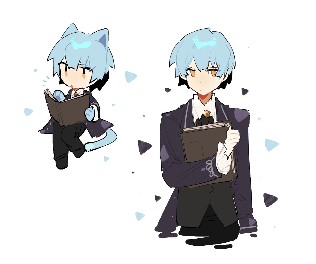 1girl, angela_(project_moon), animal_ears, black_pants, blue_coat, blue_hair, book, cat_ears, cat_tail, coat, collared_shirt, commission, frilled_sleeves, frills, holding, holding_book, kgoshiro, library_of_ruina, pants, project_moon, shirt, short_hair, simple_background, sitting, tail, white_background, white_shirt