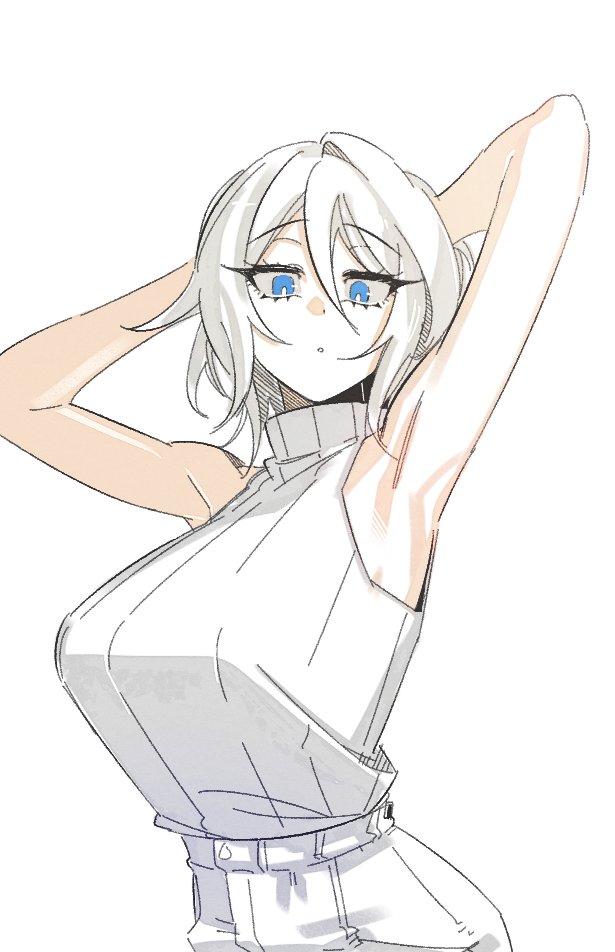 1girl, armpits, arms_up, bare_arms, blue_eyes, breasts, clear_cut_7, eyebrows, eyelashes, faust_(project_moon), huge_breasts, limbus_company, looking_at_viewer, open_mouth, pants, project_moon, short_hair, simple_background, sleeveless, sleeveless_sweater, solo, sweater, white_background, white_hair, white_pants, white_sweater