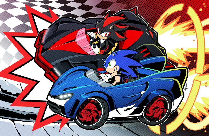2boys, animal_ears, animal_nose, car, checkered_background, closed_mouth, commentary_request, driving, frown, furry, furry_male, gloves, green_eyes, grin, korean_commentary, looking_at_another, male_focus, motor_vehicle, multiple_boys, race_vehicle, racecar, red_eyes, shadow_the_hedgehog, sloth_g_ya, smile, sonic_(series), sonic_the_hedgehog, team_sonic_racing, white_gloves