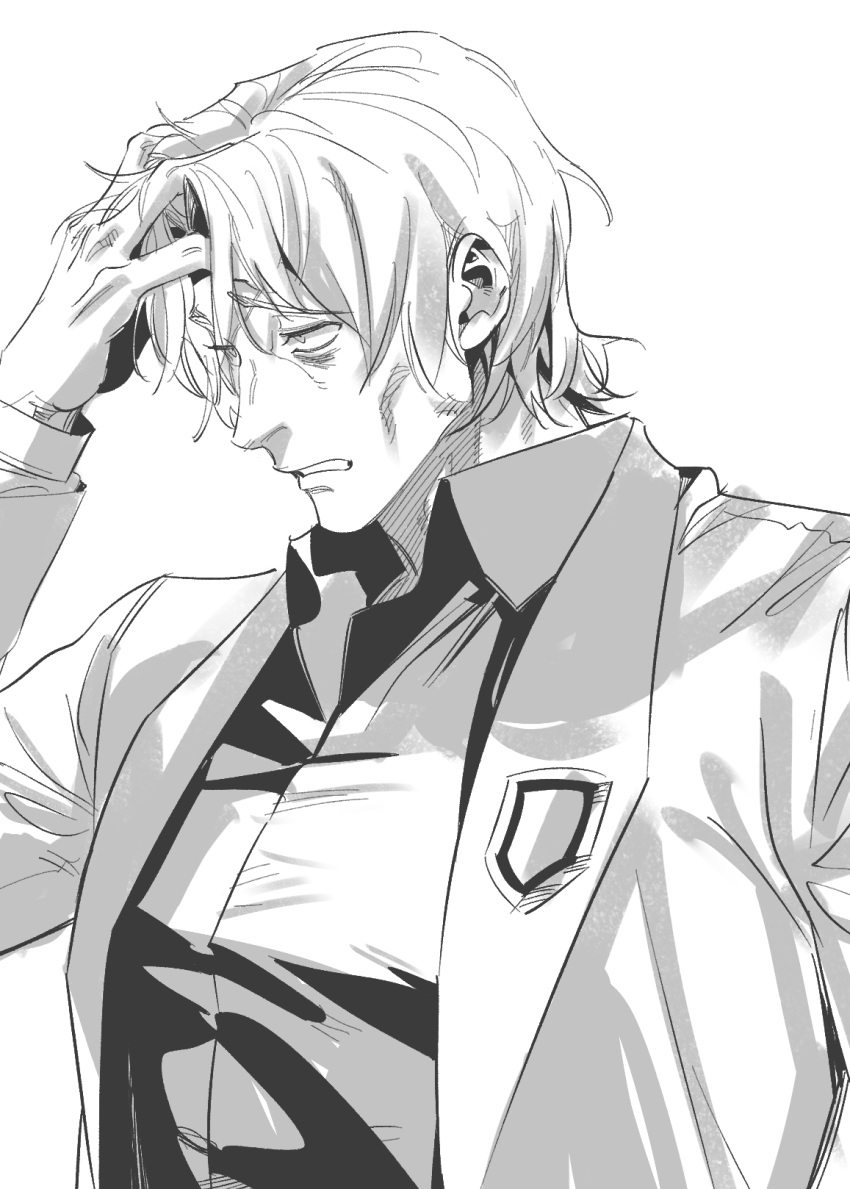 1boy, badge, clear_cut_7, collared_shirt, greyscale, hand_up, highres, jacket