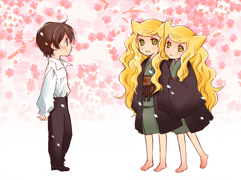 animal_ears, barefoot, black_hair, blonde_hair, blush, bonbori, cherry_blossoms, flower