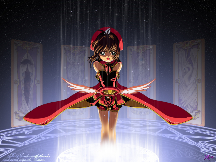 brown_hair, cape, card_captor_sakura, cardcaptor_sakura, clow_card, fly_(clow_card), gloves, green_eyes