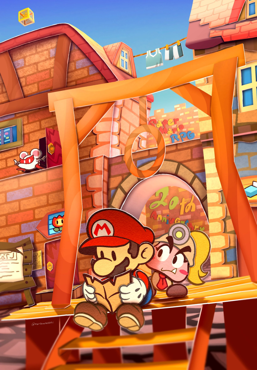 brown_hair, facial_hair, fire_flower, goombella, hat, highres, maribou_(supermaribou), mario