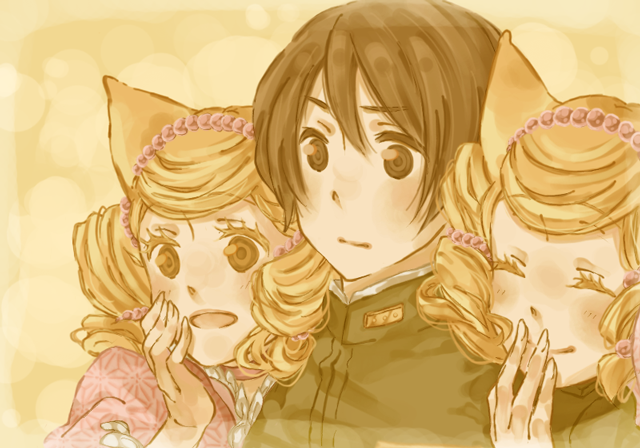 arm_hug, asa_no_ha_(pattern), beads, black_hair, blonde_hair, blush, bonbori, brown_eyes