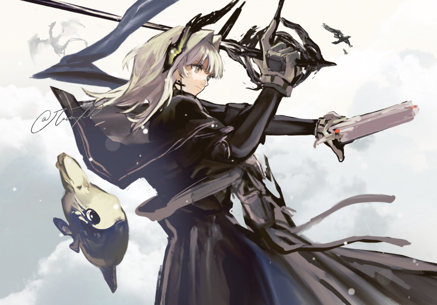1girl, arknights, asymmetrical_dual_wielding, black_dress, black_shirt, clouds, cloudy_sky, cowboy_shot