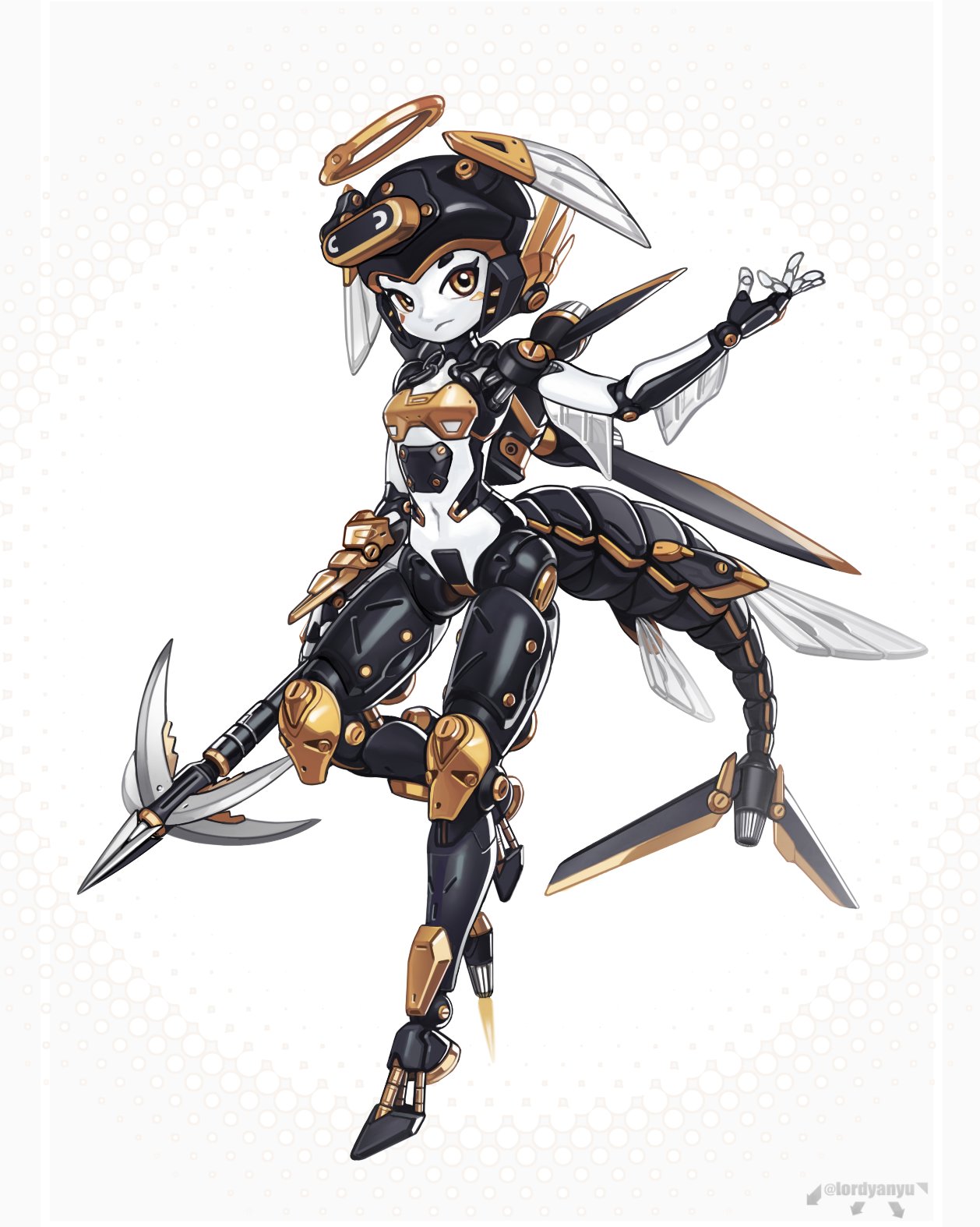 1girl, breasts, colored_skin, frown, full_body, halo, highres, holding